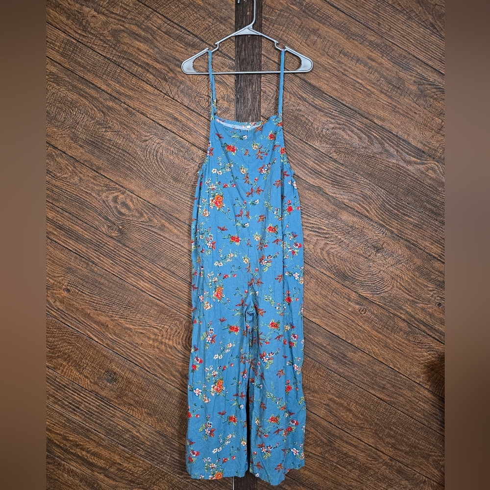 Artsy Cottagecore Floral Blue Summer Adjustable Jumpsuit With Pockets Size Small